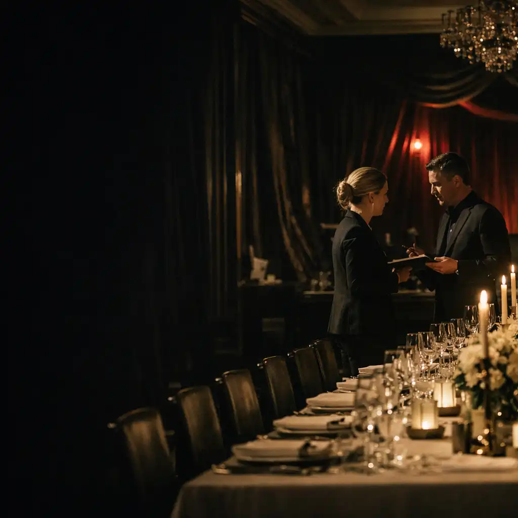 Event professionals discussing final details beside a dressed table in a warmly lit gala salon