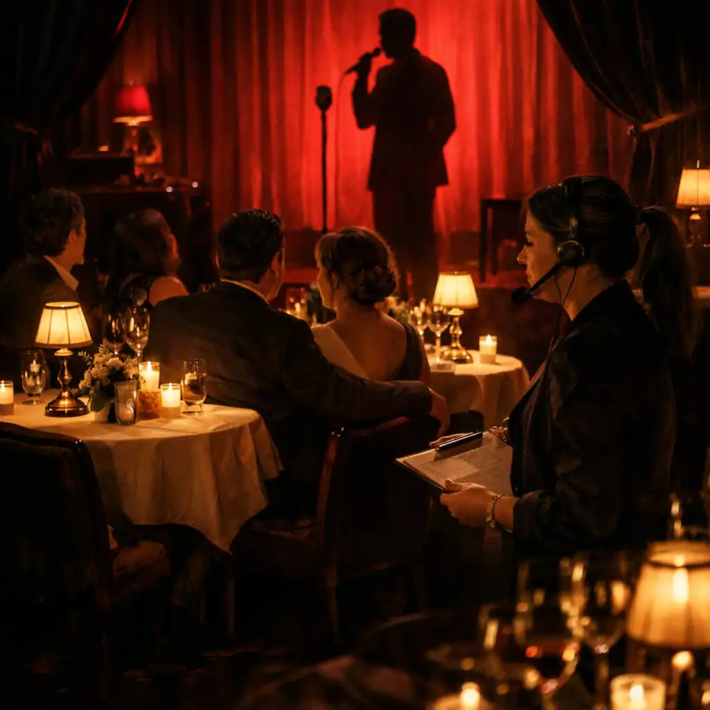 A presenter and production coordinator in a refined evening hospitality setting with ruby stage lighting