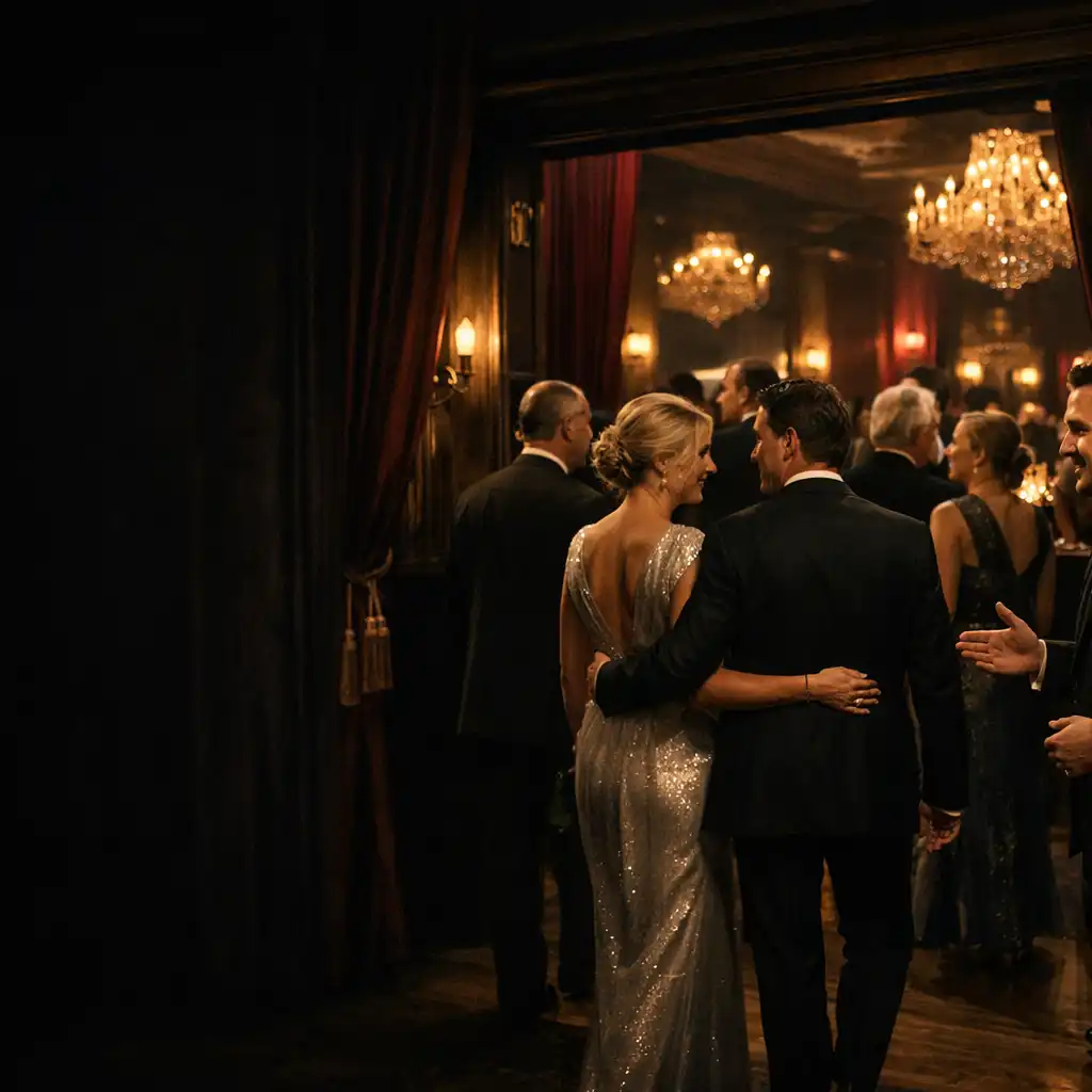 Guests arriving at a refined corporate gala reception with warm lighting