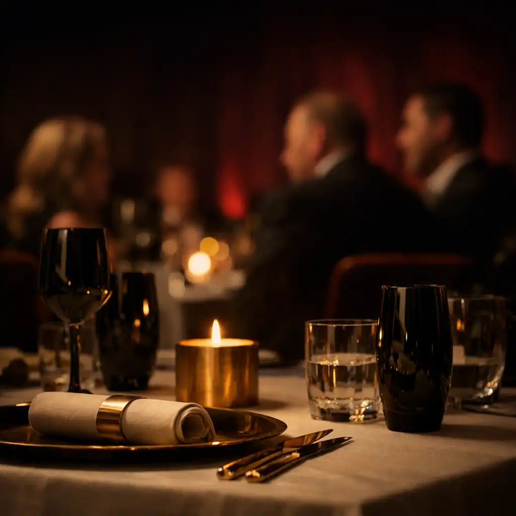 Refined evening table setting with candlelight and hospitality details