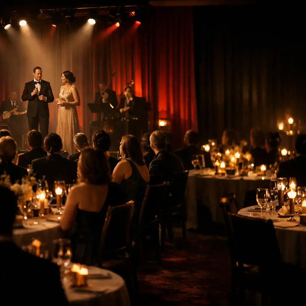 Formal guests seated at tables during a softly lit corporate gala stage moment