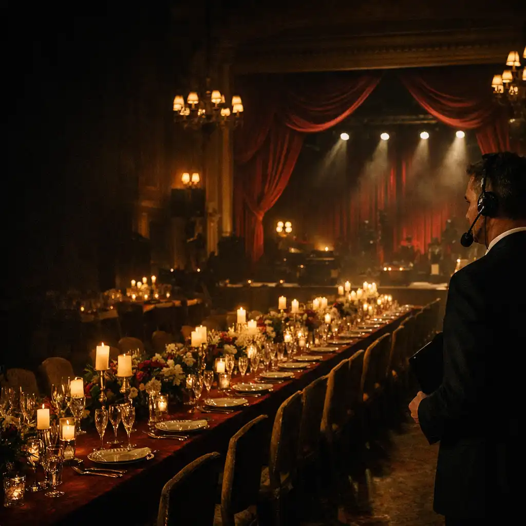 A production coordinator checks a warmly lit gala room with velvet drapery and a long prepared table.