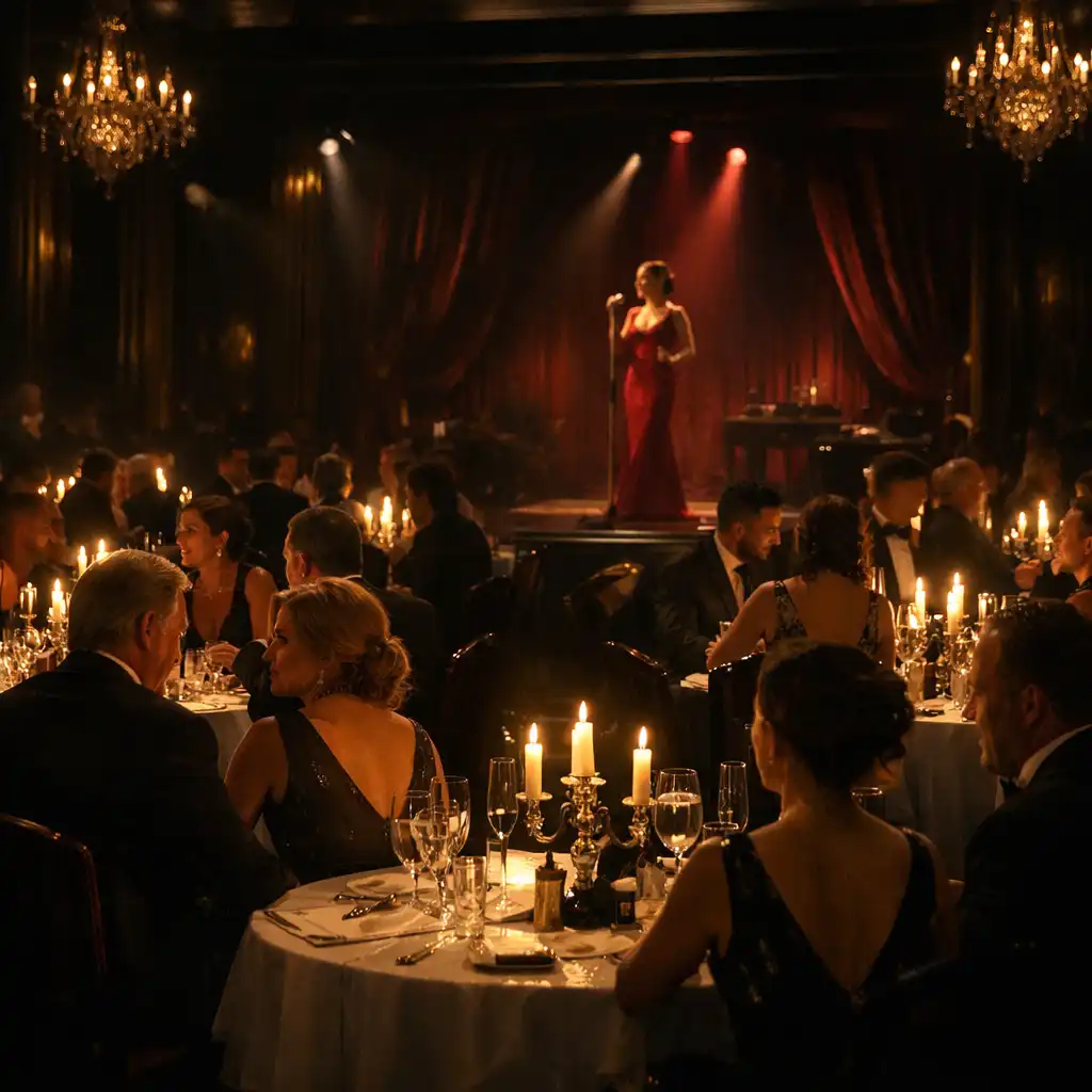 Guests converse at candlelit tables during an elegant evening gala with a performer in the distance.