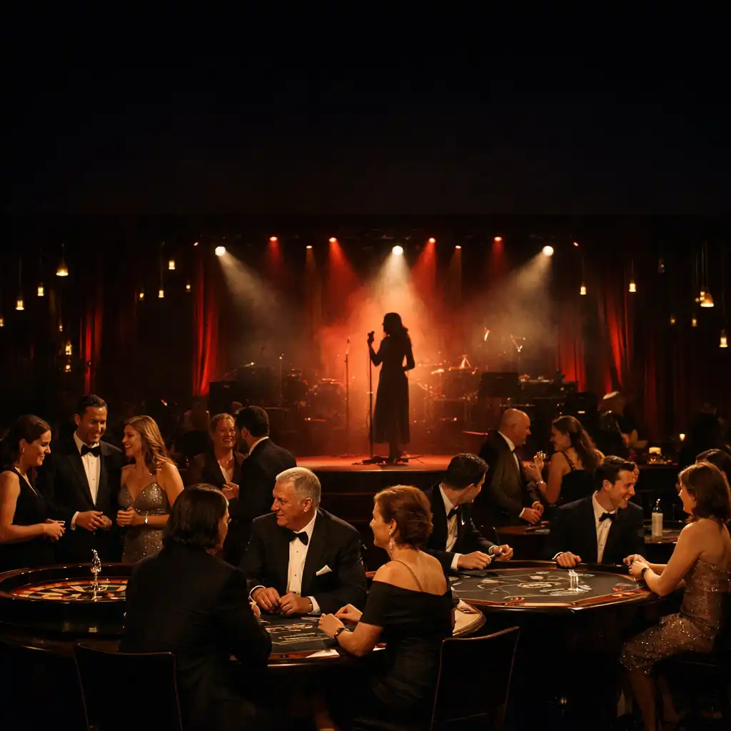 Ruby-lit gala entertainment floor with hosted themed tables, guests and a small stage