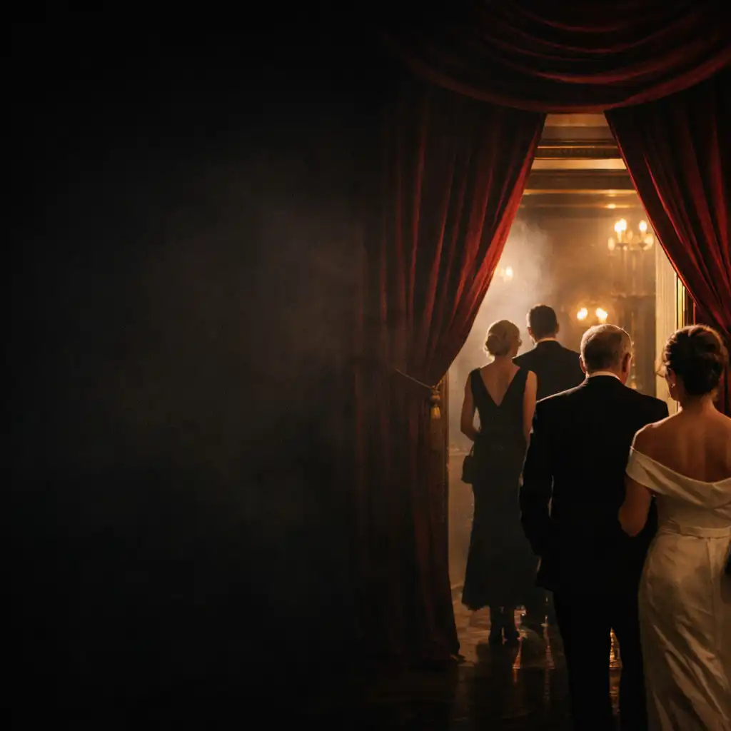 Elegantly dressed adult guests arriving at a ruby-lit gala setting