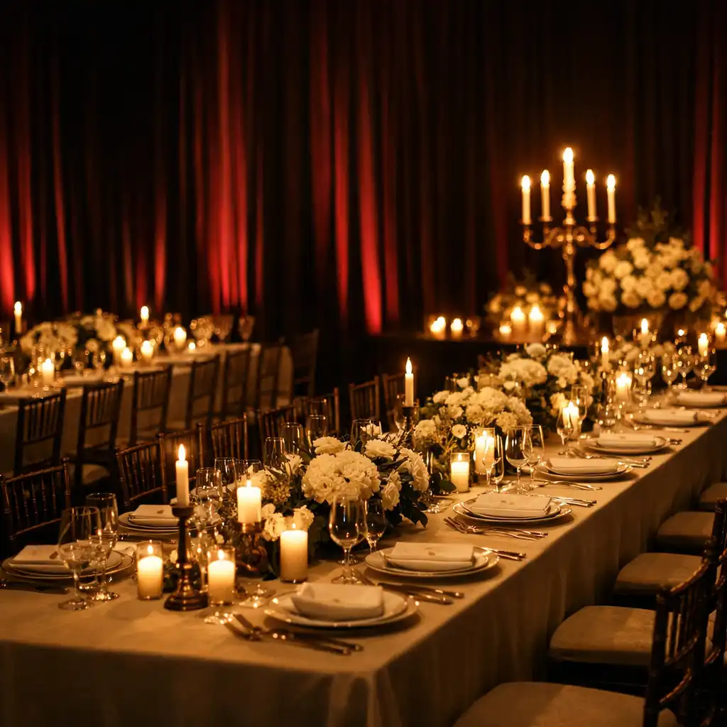 Formal gala dining room with ivory table settings and ruby-lit velvet curtains