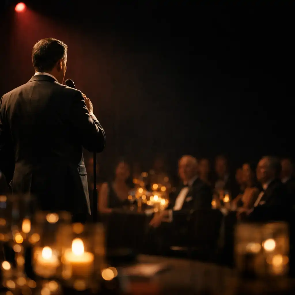 Adult performer addressing guests during an intimate gala evening