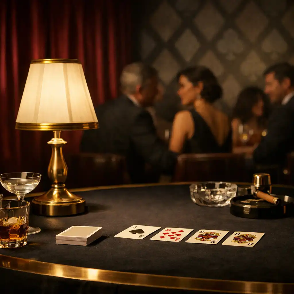 Refined themed event table with brass lamp, ruby backdrop and adult guests conversing