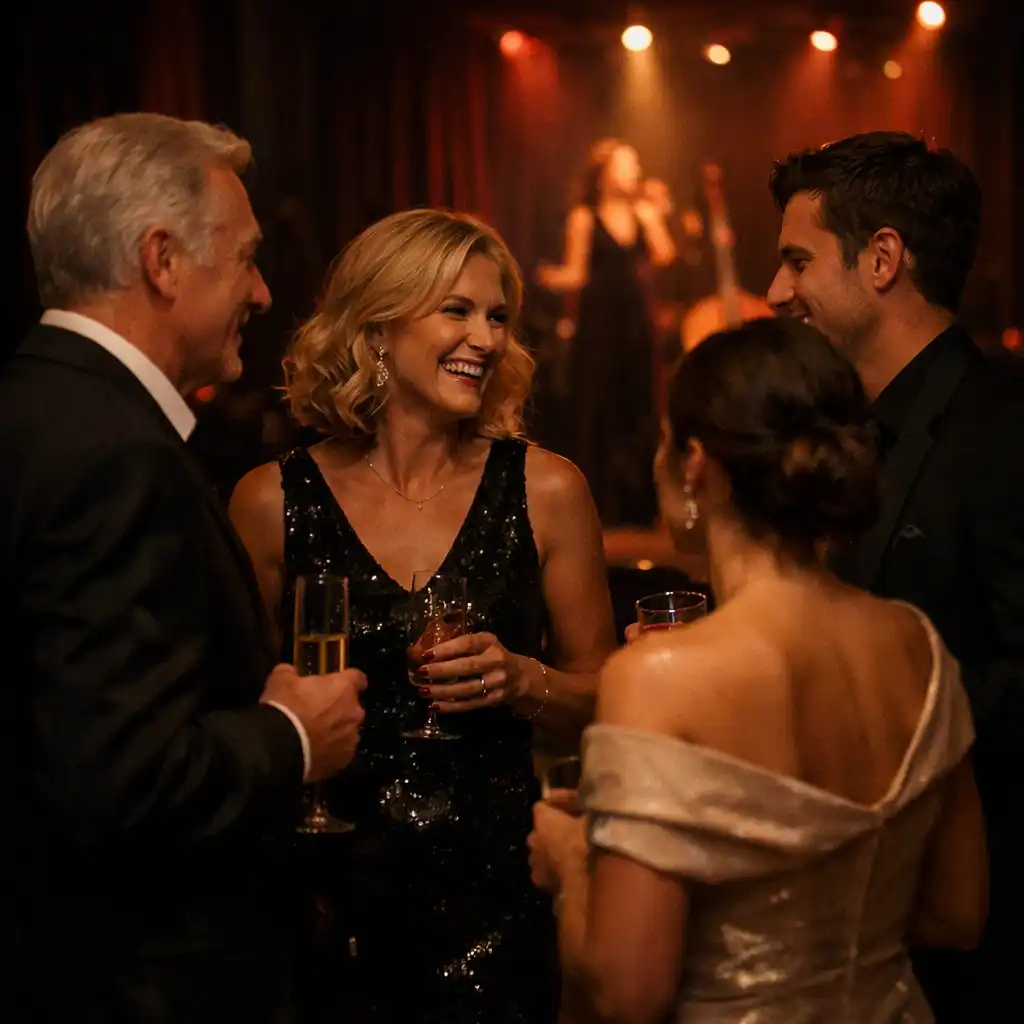 Guests in conversation at an intimate after-dark celebration under ruby and amber lighting