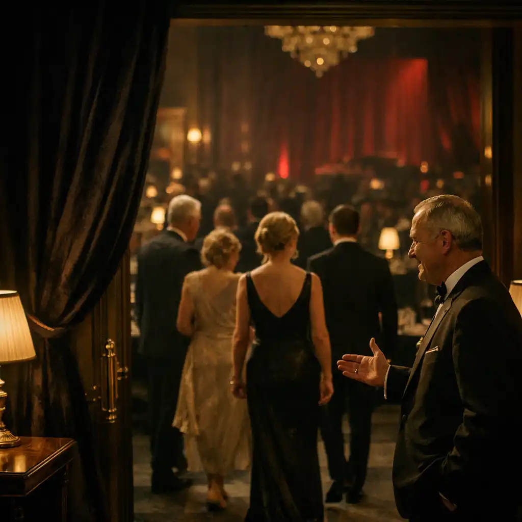 Guests arriving at an elegant evening gala with warm lighting and velvet drapery