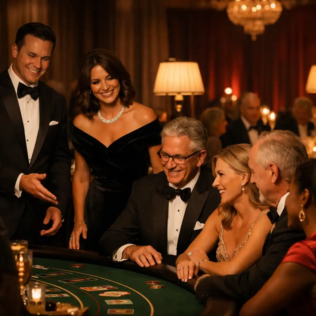 Professionally dressed hosts welcoming guests around elegant themed entertainment tables at a formal gala