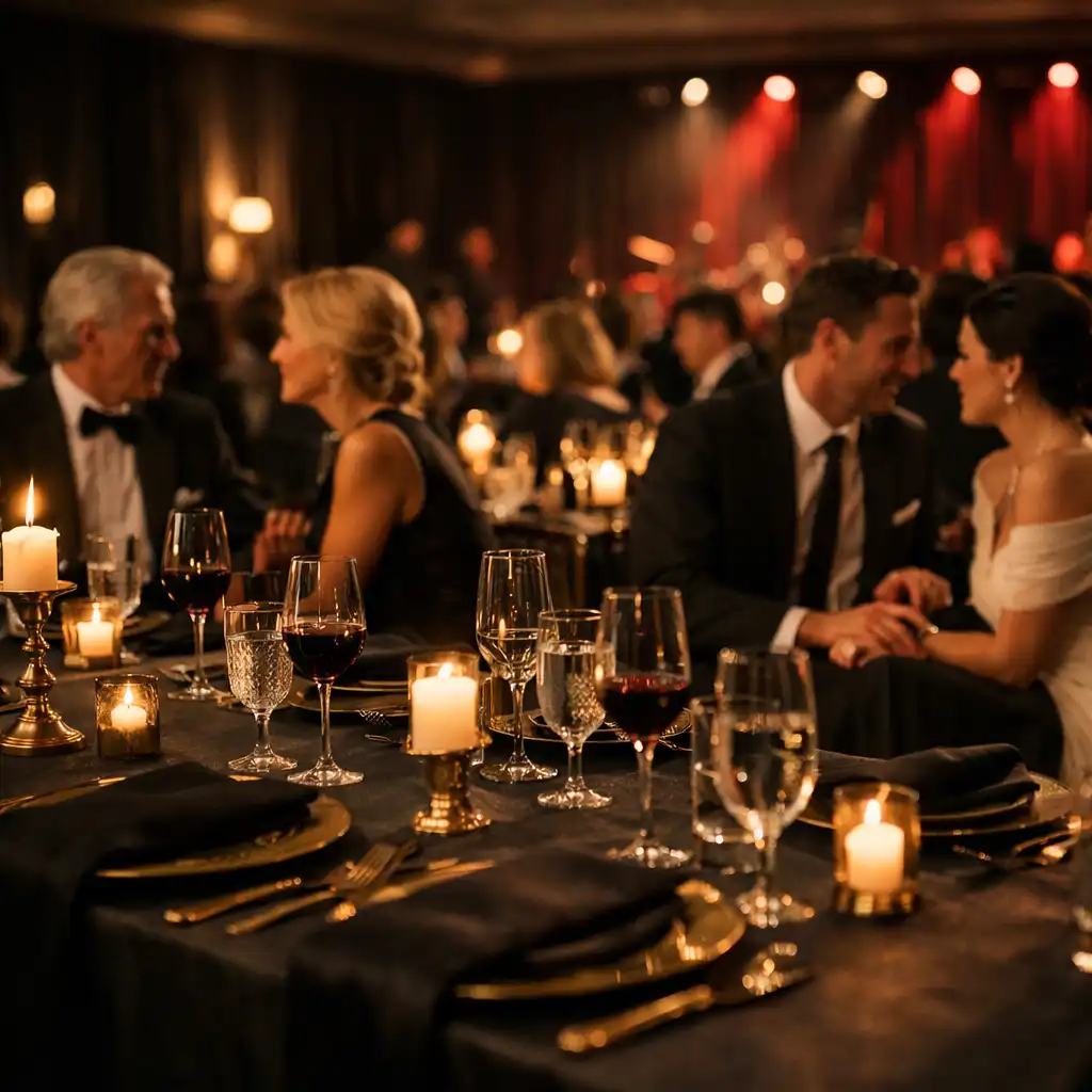 Guests conversing at a formal gala dining room with warm table lighting and brass details