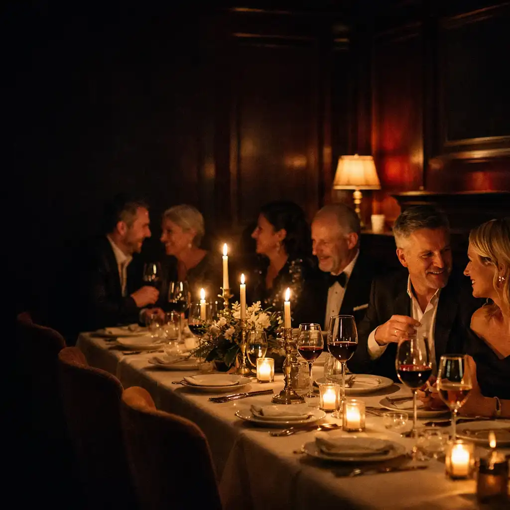 Adult guests enjoying conversation around a candlelit private celebration dinner table