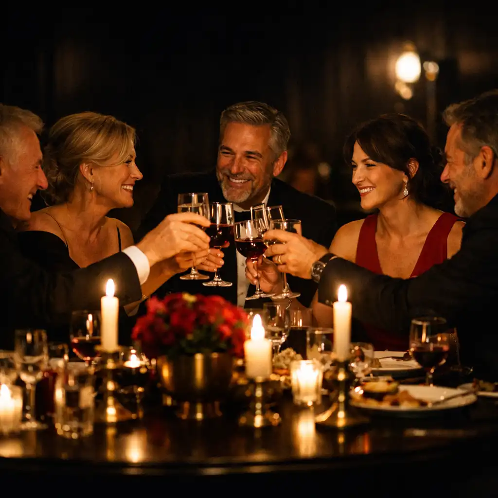 Adult guests sharing a relaxed toast at an intimate late-evening dinner