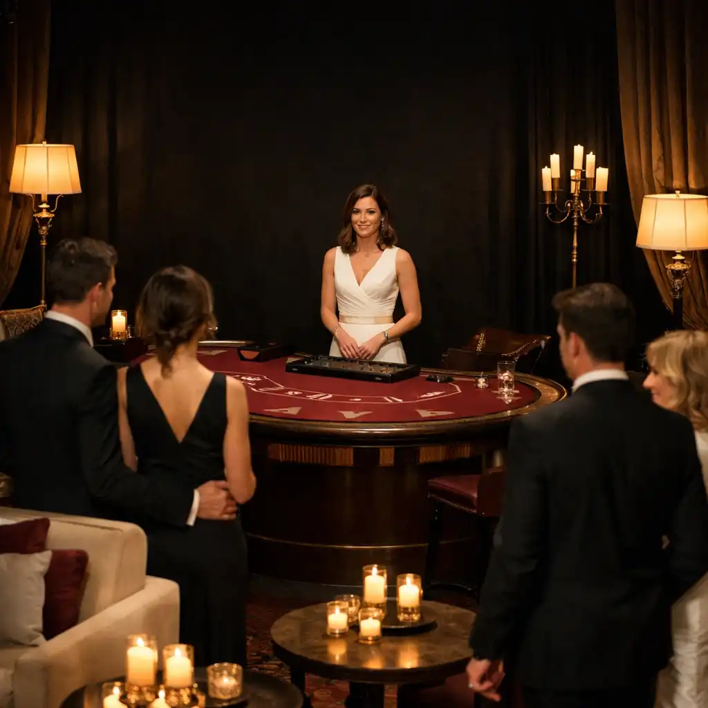 Elegant themed reception with lounge seating, a poised host and warm practical lighting