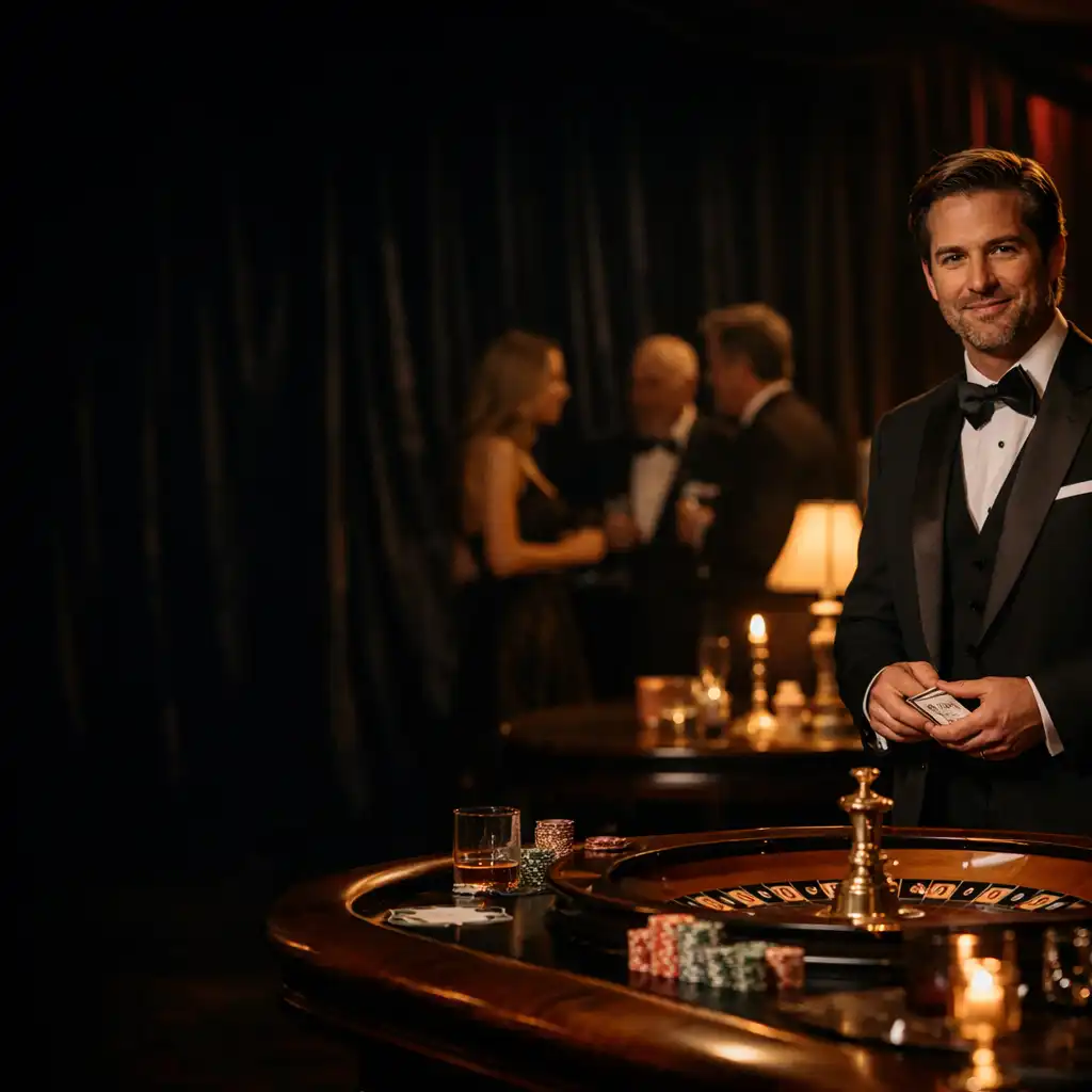 Host beside an elegant themed entertainment table while evening guests converse in a dark ballroom
